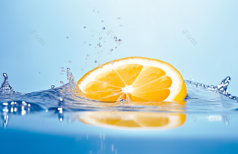 蓝色背景里的溅水柠檬场景,高清,摄影图,摄影图片,图片大全,摄影图免费下载